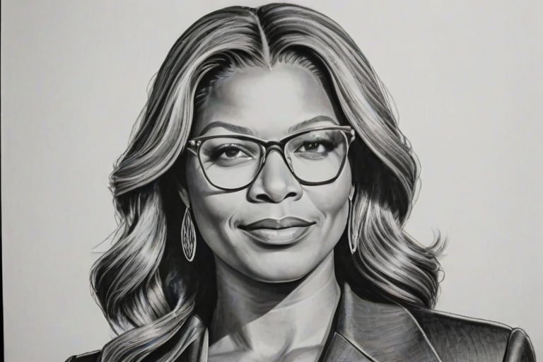 Bewitching Queen Latifah, pencil sketch, portrait of Fascinating woman 1972s in glasses, hair style beatnik, outline, clear lines, fine lines, 8k