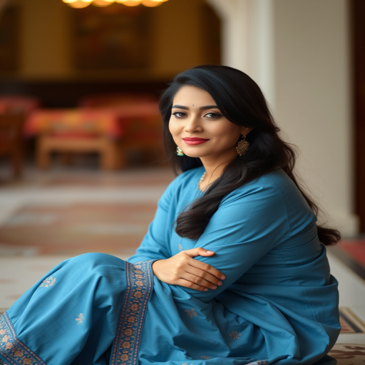 Portrait of a woman in a blue traditional outfit sitting on patterned floor, soft bokeh background, 85mm f/1.8 lens, aperture f/2.8, ISO 100, shutter speed 1/200s, natural light, DSLR camera.