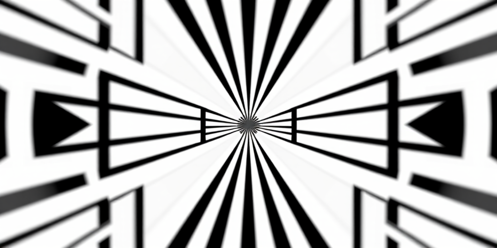 Generate a high-resolution image of a minimalist abstract design featuring symmetrical lines and shapes in black and white, captured with a 50mm lens at f/1.8, ISO 100, and a shutter speed of 1/200 sec, using a DSLR camera with a shallow depth of field for enhanced focus on the patterns.