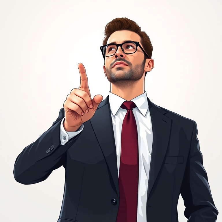Create a high-quality vector illustration of a businessman in a suit pointing upwards, using a sharp focus with a 50mm lens, f/1.8 aperture, and a Canon EOS R camera, with a bright, professional background and soft shadow effects for depth.
