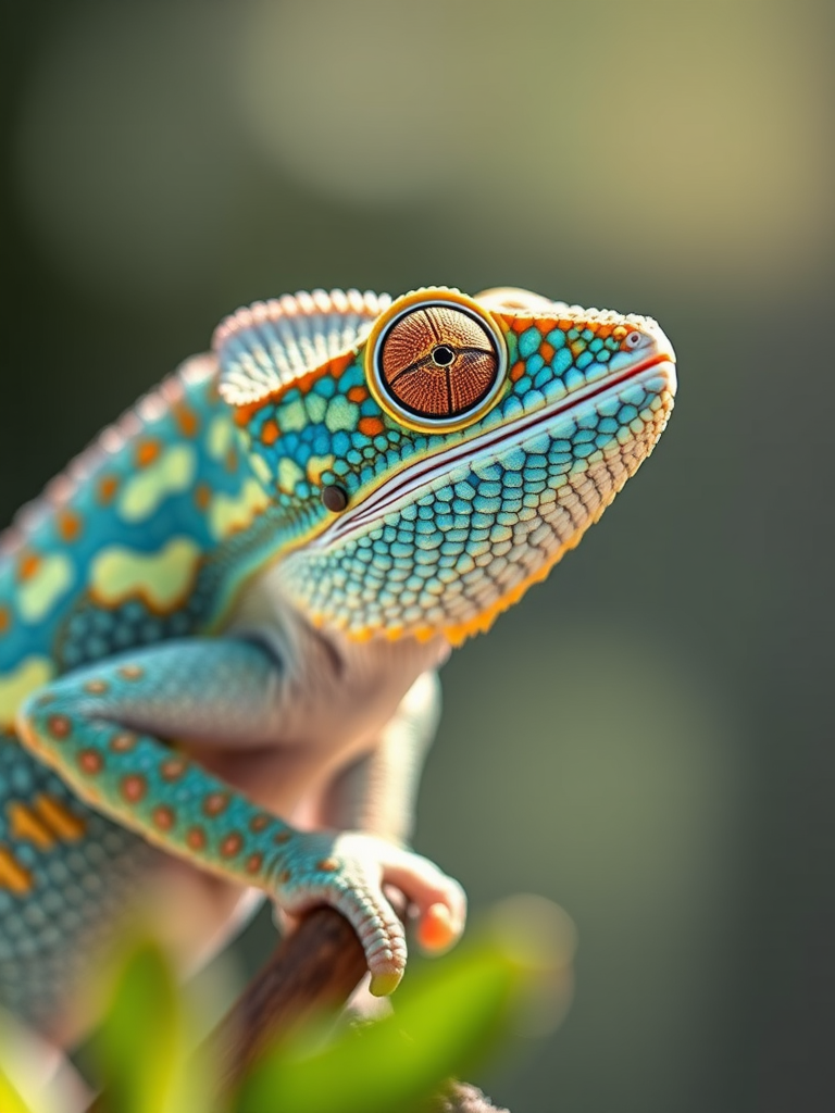 Create a high-resolution digital illustration of a chameleon with intricate patterns in light blue and golden hues, captured using a Canon EOS R5 at f/4, ISO 100, with a shallow depth of field to emphasize its details against a blurred background in natural light.