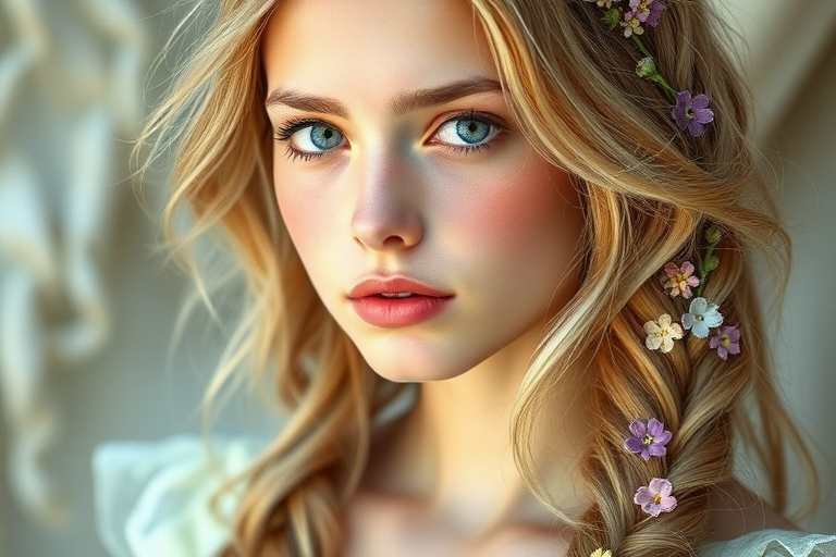 Create an image of a young woman with long, wavy blonde hair, adorned with small, colorful flowers woven into her braids and loose strands. Her complexion is fair, with soft, glowing skin, and she has light blue eyes that gaze softly at the viewer. She wears a light, flowing dress with a gentle, ethereal quality, complementing her delicate and serene appearance. The background is slightly blurred, drawing focus to her tranquil expression and the intricate details of the flowers in her hair. The overall mood of the image is one of natural beauty and grace, evoking a sense of peacefulness and connection with nature.