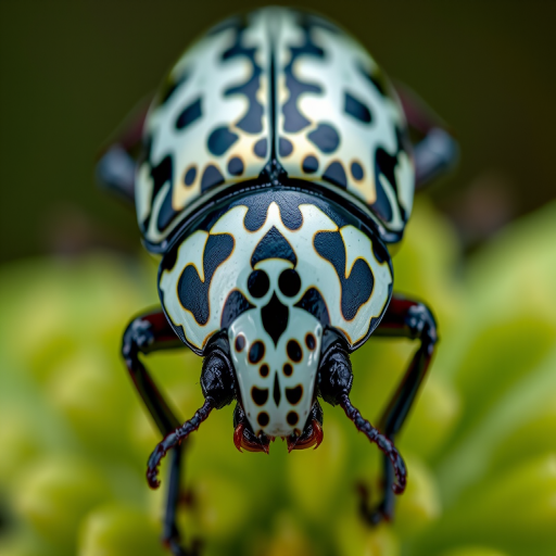 Create a highly detailed macro image of a decorative beetle with porcelain patterns, with a shallow depth of field, using a Canon EOS R5 camera, 100mm f/2.8 macro lens, f/4 aperture, ISO 100, 1/200s shutter speed, soft lighting for texture enhancement, shot from a top-down view for clarity.