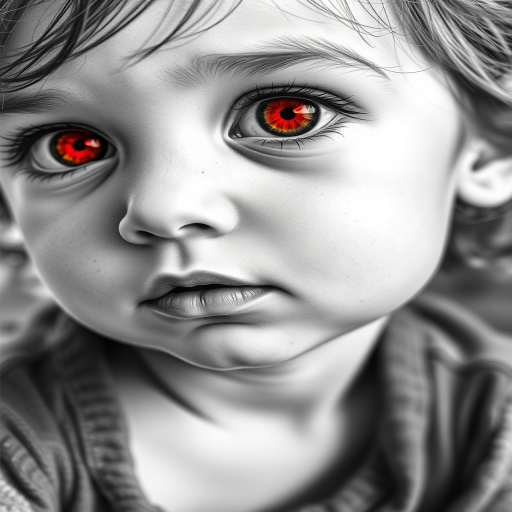 A hyperdetailed photorealistic black and white sketch of a beautiful toddler with deep red eyes, with a macro focus