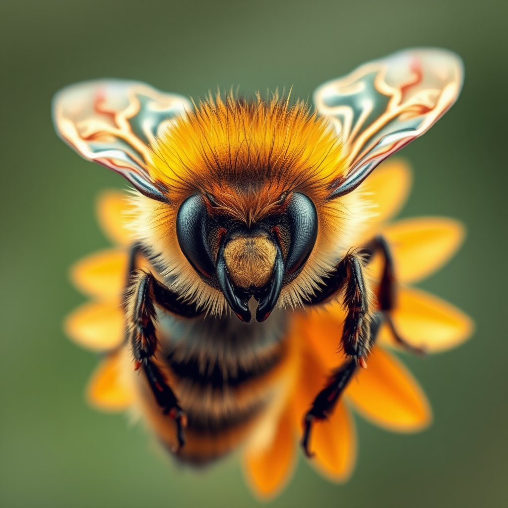 create an illustration of a bee with realistic textures and colors, using a macro lens, aperture f/2.8, ISO 100, 50mm focal length, top-down view, digital painting style, high resolution