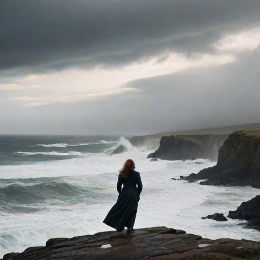 Foggy coastline, waves crashing against jagged rocks, a woman stands at the edge, her long coat billowing in the wind, watching the storm roll in over the ocean.