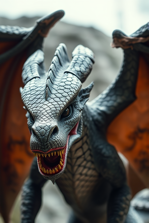 A highly detailed 3D dragon with metallic scales, large wings with tattered brown leather, and a fierce expression, captured in a low-angle view at 24mm focal length, aperture f/8, ISO 100, using a DSLR camera for high-resolution quality and dramatic lighting effects.