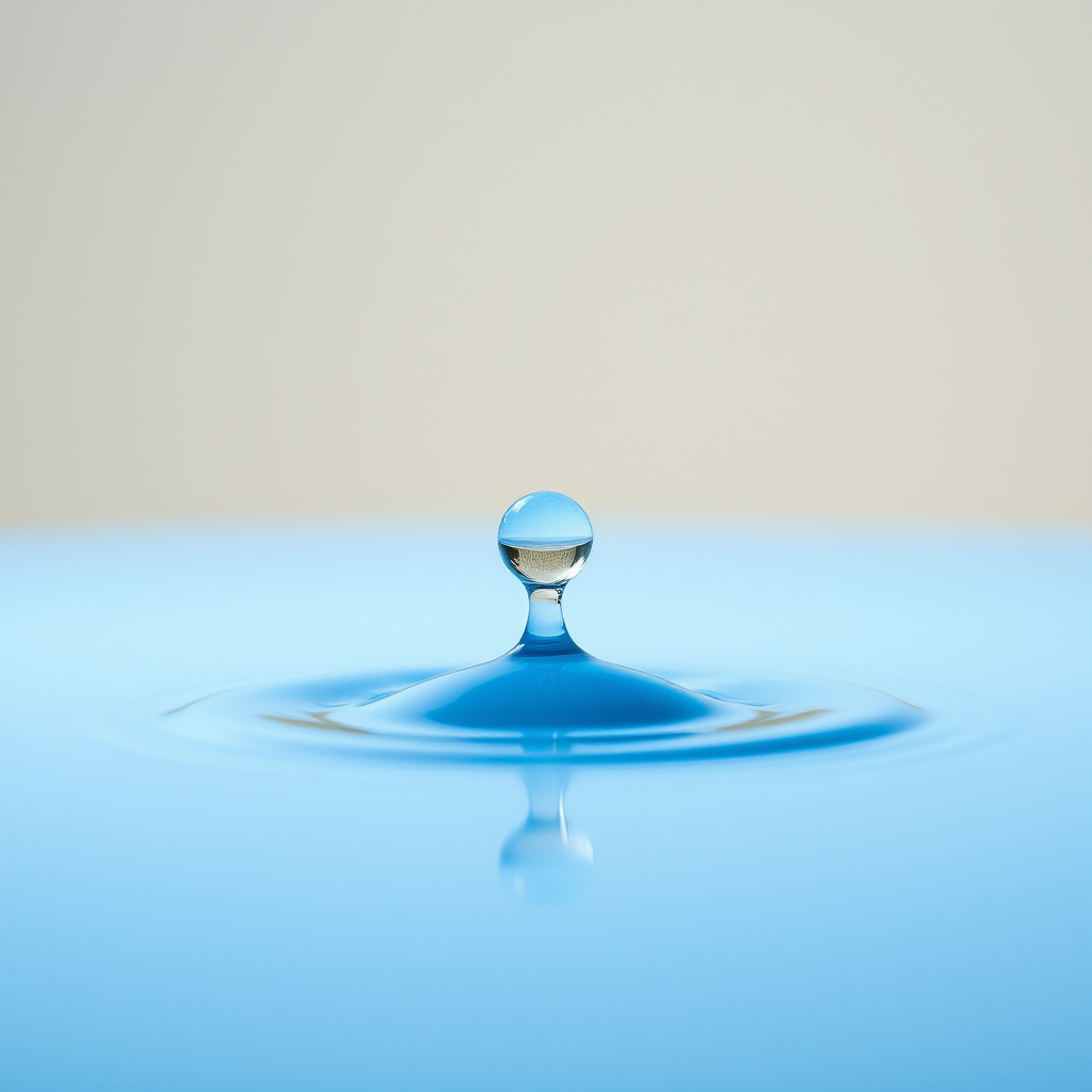 Create a high-resolution image of a blue water droplet on a plain background using a DSLR camera, aperture f/2.8, ISO 100, 50mm lens, natural lighting, and a soft focus effect.