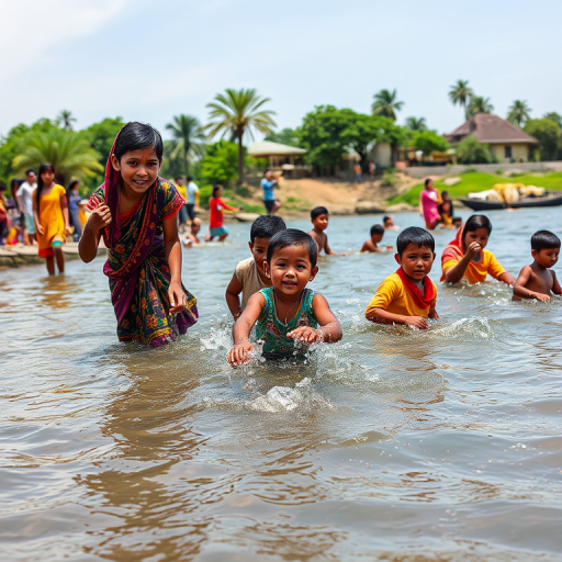 Capture a vibrant scene of families enjoying a riverbank, with people playing in the water and colorful traditional clothing, using a Canon EOS 5D Mark IV, ISO 200, aperture f/4, shutter speed 1/250 sec, shot from a low angle to emphasize action and expressions, natural light for enhanced colors.