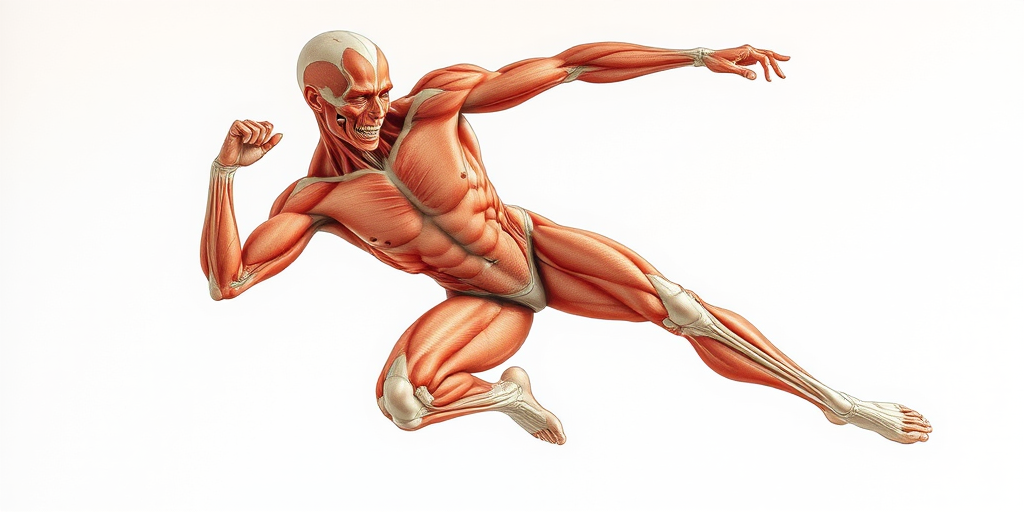 Create a highly detailed anatomical illustration of a human figure in a dynamic pose, showcasing muscle structure and definition, shot in high-resolution with a DSLR camera, using a 50mm lens, f/2.8 aperture, ISO 100, and natural lighting for enhanced texture and clarity.