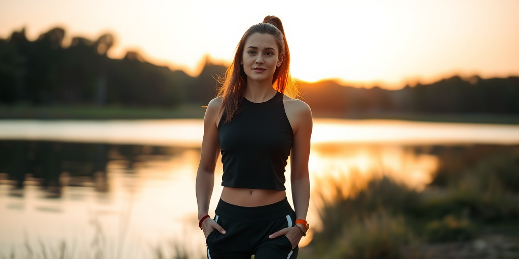 Create an image of a woman standing by a serene lake in a sporty black outfit, captured at sunset with soft, golden lighting, using a DSLR camera with a 50mm lens, aperture set to f/2.8, ISO 200, and a shallow depth of field to emphasize the subject against a blurred natural background.