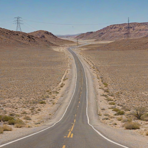 a deserted highway winding through an arid landscape with power lines in the background and a clear blue sky