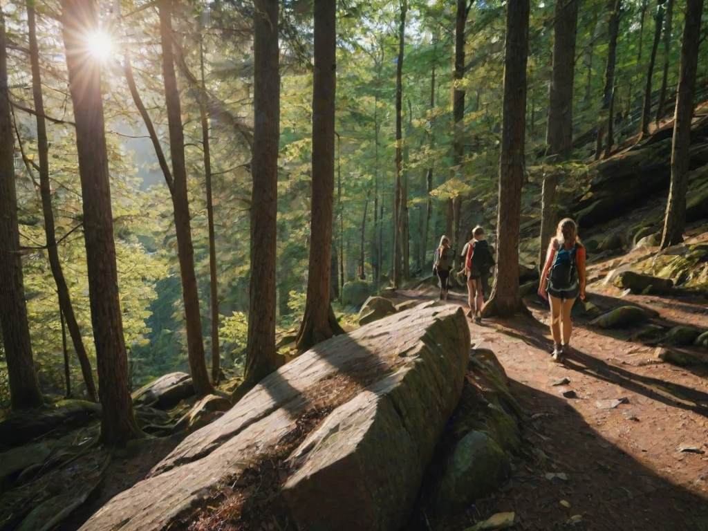 Scenic hiking trail through a dense forest, sunlight streaming through the trees, and a group of friends stopping to enjoy the view from a rocky outcrop.