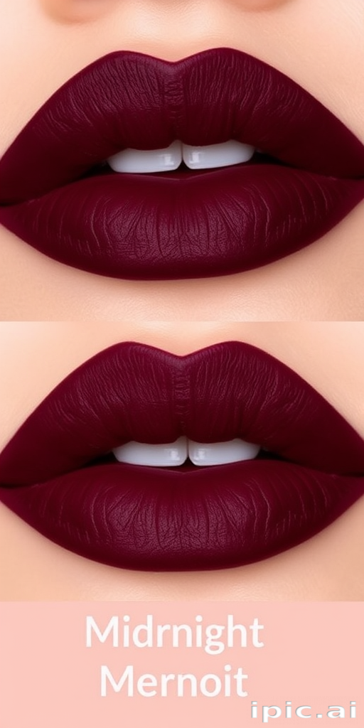 Matte burgundy lips with a velvet texture, called "Midnight Merlot," boast a rich, deep color and precise edges for a sophisticated evening appearance