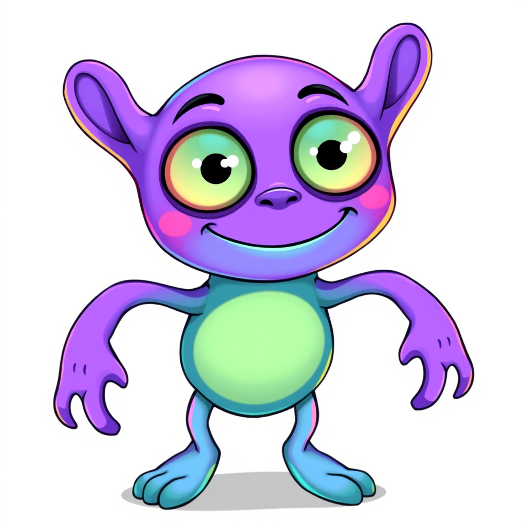 Create an illustration of a purple alien character with large eyes, a quirky smile, and cartoonish limbs, in a bright and colorful style with a white background, using a digital drawing tablet with a resolution of 300 DPI, focused on vibrant colors and clean outlines, captured at a high-angle view with soft lighting.