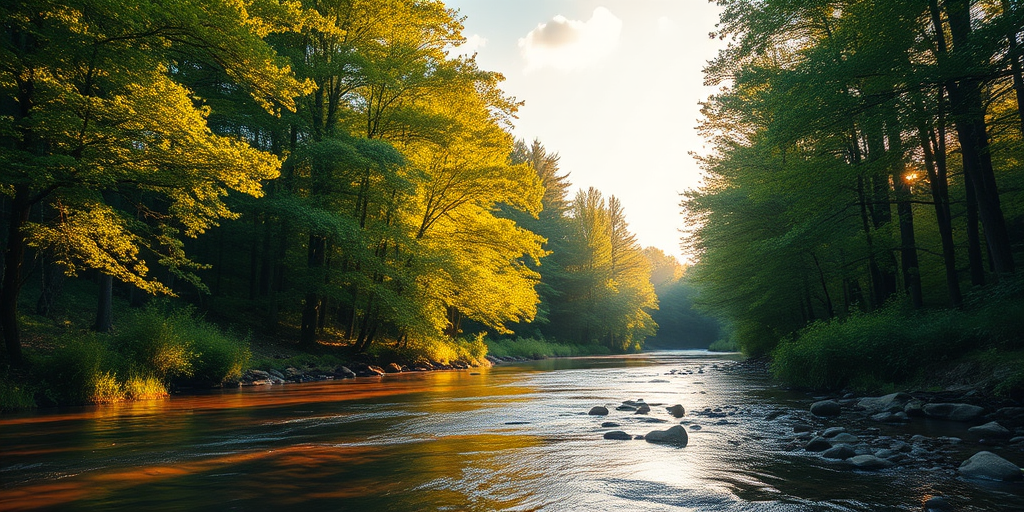 Create an image of a serene, sunlit forest scene with a clear, gently flowing river. Tall trees with lush green foliage line both sides of the river, their leaves bathed in the warm golden light of the setting or rising sun. The sunlight filters through the trees, casting soft, dappled light on the river, which flows over smooth rocks and pebbles, creating a peaceful, natural atmosphere. The sky is bright with a few scattered clouds, and the overall mood is tranquil, evoking a deep sense of connection with nature. The image captures the beauty of a calm, pristine forest landscape at either dawn or dusk.