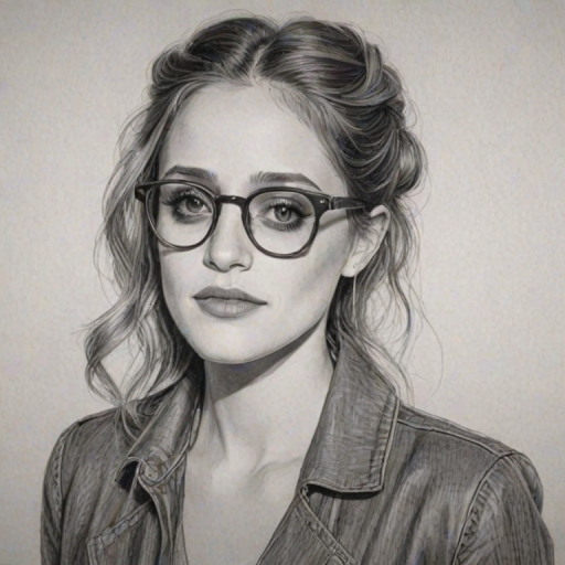 Gorgeous Carly Chaikin, pencil sketch, portrait of Delightful woman 1924s in glasses, hair style beatnik, outline, clear lines, fine lines, 8k