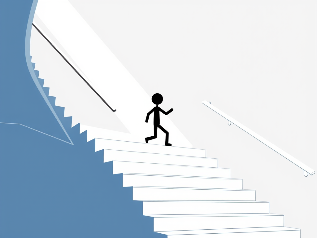 Create a stylized vector graphic of a stick figure walking up a staircase, using a clean and modern design, high resolution, with a 50mm lens, f/2.8 aperture, soft lighting, shot from a slightly low angle for an empowering perspective, in digital illustration style.