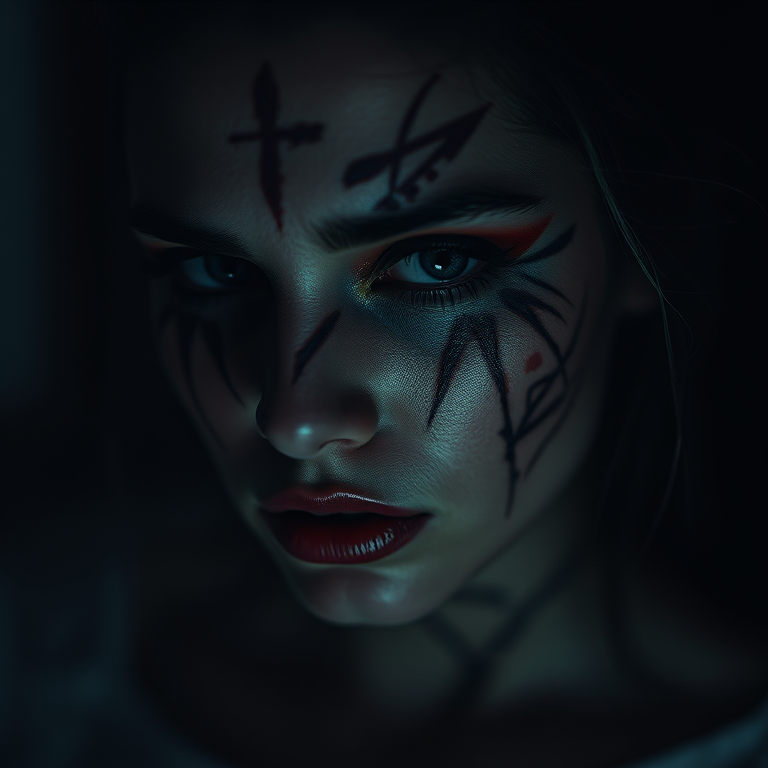 Create a dramatic portrait of a woman with intricate face makeup resembling scars in low light, shot with a Canon EOS R5, 85mm lens, aperture f/1.8, ISO 200, shutter speed 1/100s, using a moody, high-contrast style.
