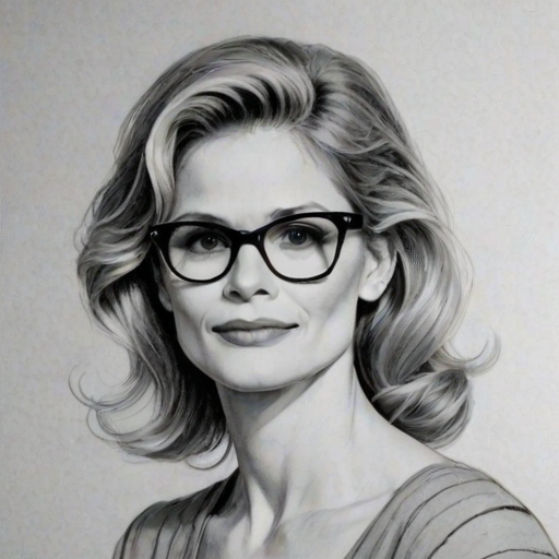 Superb Kyra Sedgwick, pencil sketch, portrait of Magnificent woman 1950s in glasses, hair style beatnik, outline, clear lines, fine lines, 8k