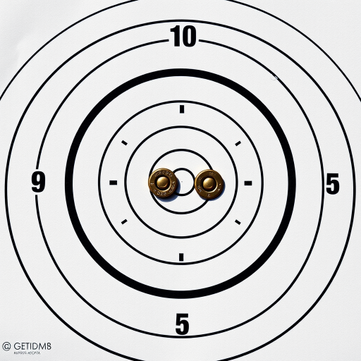 Create a high-resolution image of a target with concentric circles numbered from 1 to 10, with two realistic bullet holes in the center, using a digital camera with a 50mm lens, f/2.8 aperture, 1/200s shutter speed, and a 100 ISO setting for optimal clarity and detail in bright light conditions.