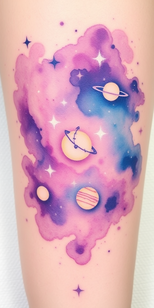 Ethereal watercolor galaxy tattoo called "Cosmic Dreams" depicting a dreamy expanse of stars, nebulae, and celestial bodies. Soft washes of purple, blue, and pink blend seamlessly, creating a magical atmosphere. Splashes of white ink represent twinkling stars, while fine black lines outline planets and constellations, adding structure to the ethereal design.