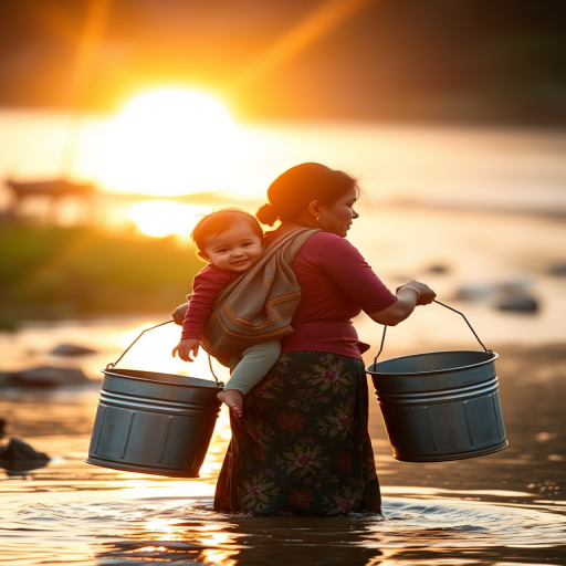 a woman carrying a child on her back while holding two metal buckets in a river at sunrise, soft golden light illuminating the scene, shallow depth of field, 50mm lens, f/1.8 aperture, ISO 200, shutter speed 1/200 sec, natural light, captured with a full-frame DSLR camera