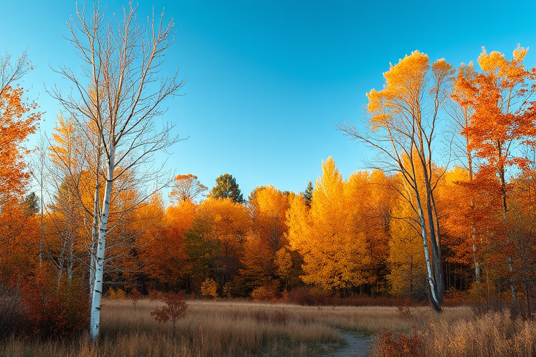 Regenerate an image of a serene autumn landscape with birch and diverse trees in warm orange and yellow hues, captured at golden hour using a DSLR camera with a 50mm lens, aperture set to f/5.6, ISO 100, and a shutter speed of 1/200 sec, slightly elevated viewpoint to encompass more foliage and open sky.