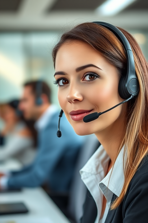 office environment with a female call center agent wearing a headset, sharp focus on her face with blurred coworkers in the background, natural lighting, aperture f/2.8, ISO 400, 50mm lens, portrait orientation, shallow depth of field
