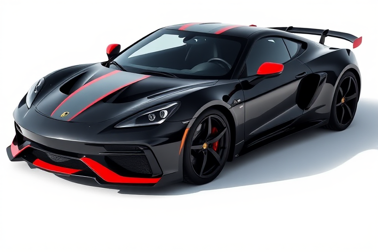 a sleek black and red sports car parked on a minimalist white background, with soft shadows for depth, captured in high resolution using a DSLR camera, 50mm lens, f/2.8 aperture, ISO 100, and a low angle shot to emphasize the car's design and contours