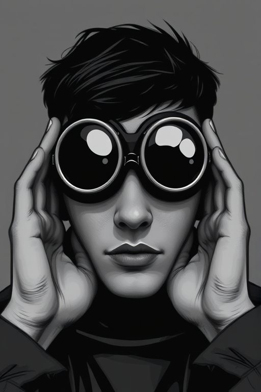 Create a high-contrast black and white illustration of a person with round goggles, hands positioned around their face, using a Canon EOS R5 with a 50mm f/1.2 lens, shot at ISO 100, aperture f/1.2, shutter speed 1/200s, in a low-key lighting style to enhance depth and texture.