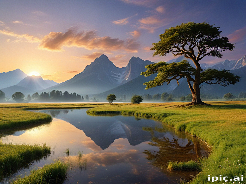 Serene Morning Landscape with Majestic Mountains and Reflective Water Body