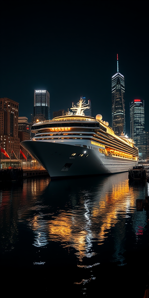 Nighttime cityscape featuring a illuminated cruise ship docked with reflections in the water, captured with a DSLR camera at f/8 aperture, ISO 200, shutter speed 5 seconds, using a wide-angle lens at 24mm focal length, shot from a low angle to emphasize the ship and skyline.