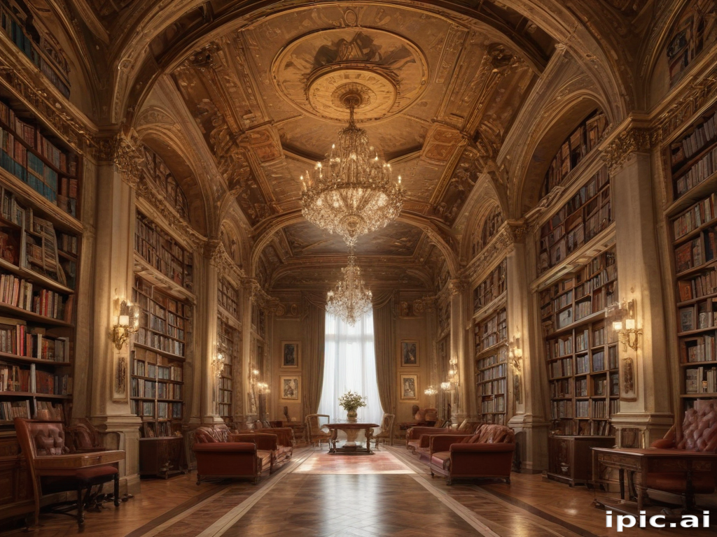 A Grand Library with Ornate Ceilings and Elegant Furnishings in Warm Light