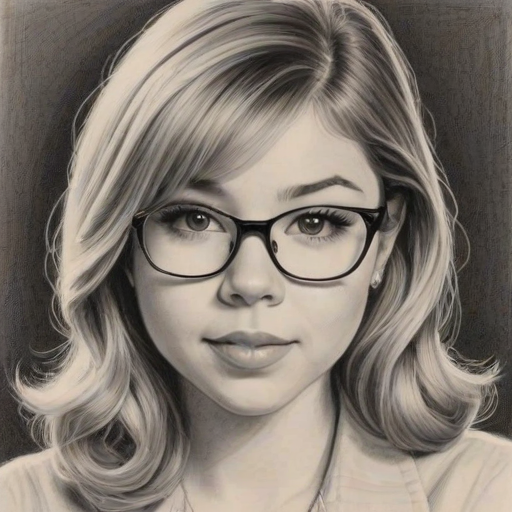 Fascinating Jennette McCurdy, pencil sketch, portrait of Lovely woman 1948s in glasses, hair style beatnik, outline, clear lines, fine lines, 8k