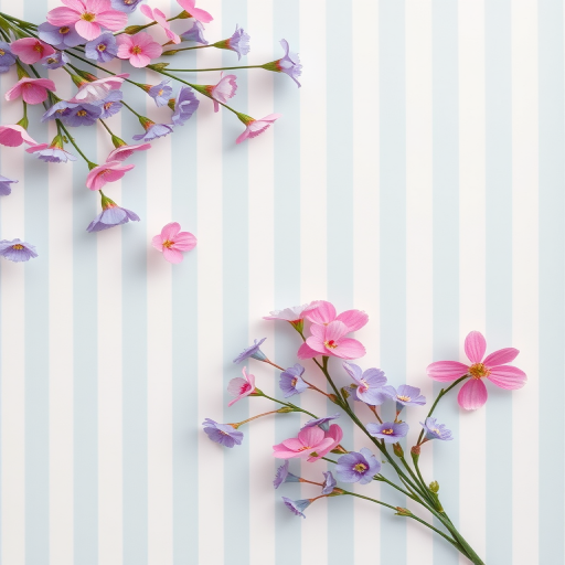 Create a pastel floral pattern with small flowers in pink, blue, and purple on a light striped background, captured with a DSLR camera at f/2.8 aperture, ISO 100, 50mm lens, overhead view, using soft lighting for a delicate effect.