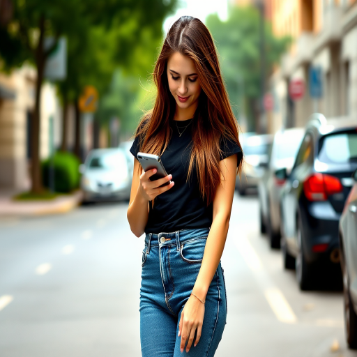 A young woman with long brown hair, wearing a black t-shirt and high-waisted denim jeans, standing on a city street while looking at her phone, with parked cars in the background, shot with a DSLR camera, 50mm lens, aperture f/1.8, ISO 200, and natural daylight.