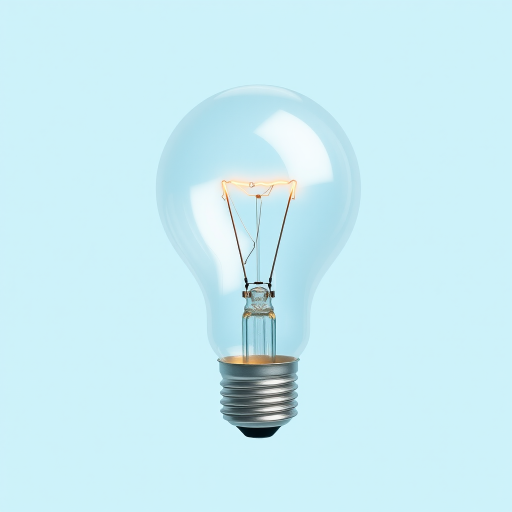 Create a high-resolution illustration of a light bulb with a cracked filament, centered on a pastel blue background, using a Canon EOS R5, ISO 100, f/8, 50mm lens, with a clean and minimalistic flat design style.