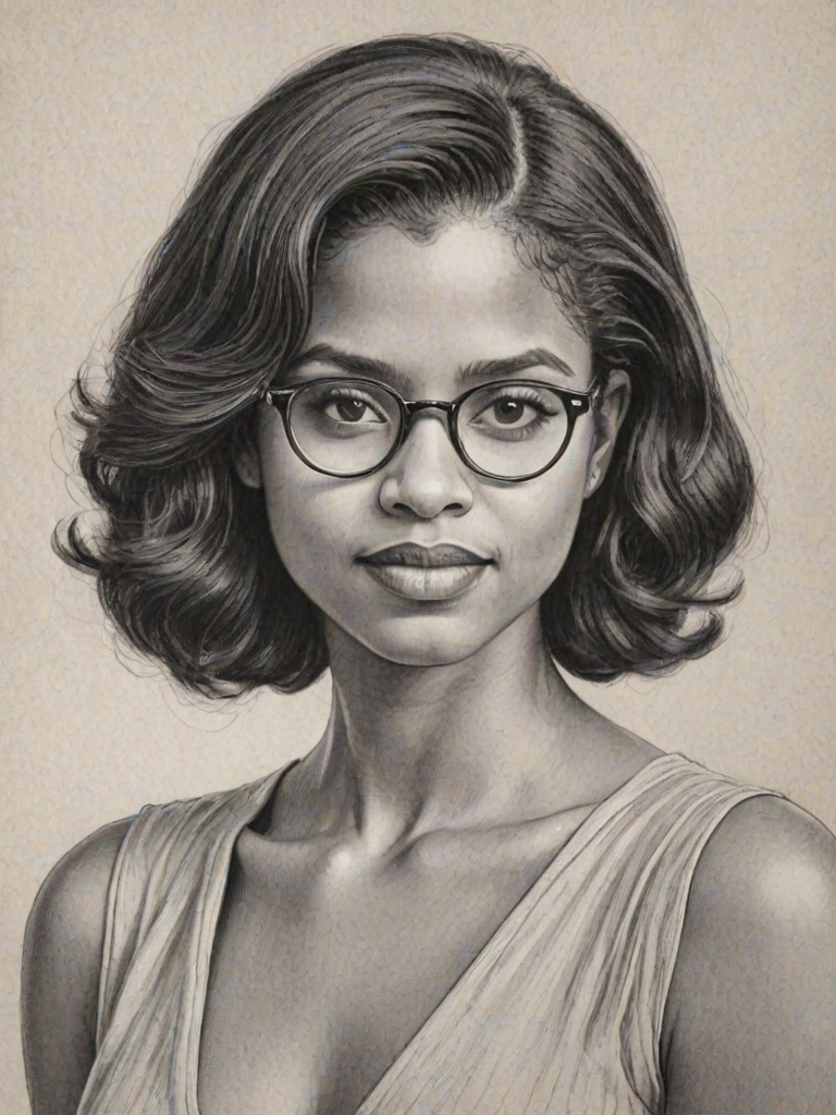 Charming Ren'e Elise Goldsberry, pencil sketch, portrait of Radiant woman 1931s in glasses, hair style beatnik, outline, clear lines, fine lines, 8k