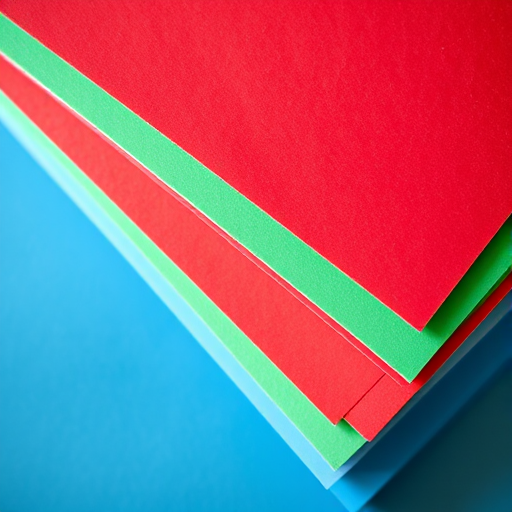 A vibrant stack of colored paper including red, green, and blue sheets, top-down view, 50mm lens, f/2.8 aperture, natural lighting, high-resolution digital camera.