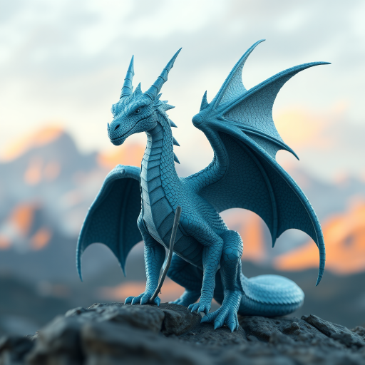 Create a highly detailed 3D rendering of a dragon with icy blue scales and large wings, positioned dramatically against a blurred fantasy landscape background, using a Canon EOS R5, 50mm lens, f/2.8 aperture, ISO 100, and a shallow depth of field for enhanced focus on the dragon.