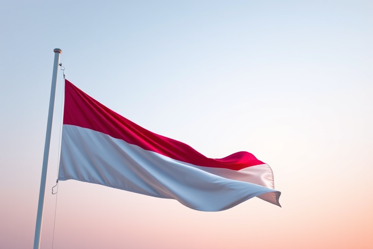 a highly detailed 3D rendering of the Indonesian flag waving gracefully in the wind with soft lighting and a subtle gradient background, using a Canon EOS R5 with an 85mm lens at f/1.8, ISO 100, 1/200s, artistic perspective and smooth textures