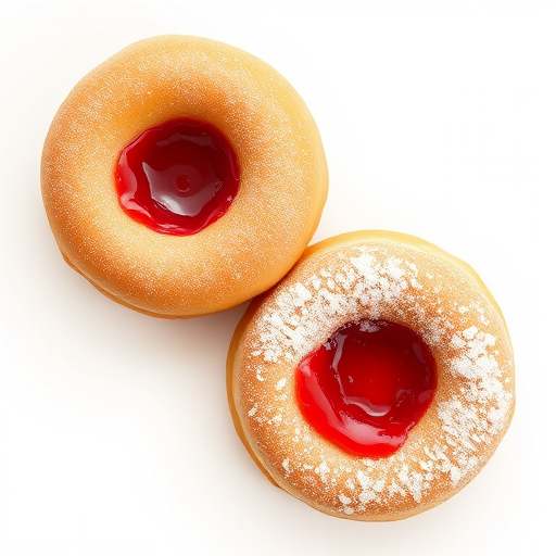 create an illustration of two round donuts with a light brown exterior, one with a red jelly filling and both sprinkled with powdered sugar, captured with a Canon EOS R5, 50mm lens, f/2.8 aperture, natural lighting, taken from a top-down view to enhance the texture and details.