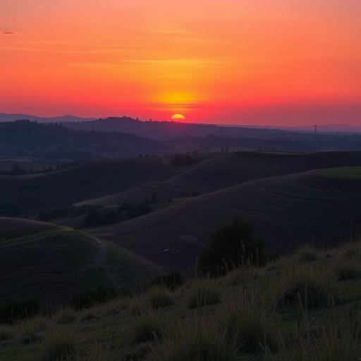 Generate a high-resolution image of a serene landscape during sunset, captured with a Canon EOS R5, aperture f/8, ISO 100, shutter speed 1/125s, in a wide-angle view, using a vibrant color palette and smooth gradients to enhance the quality and details of the scene.