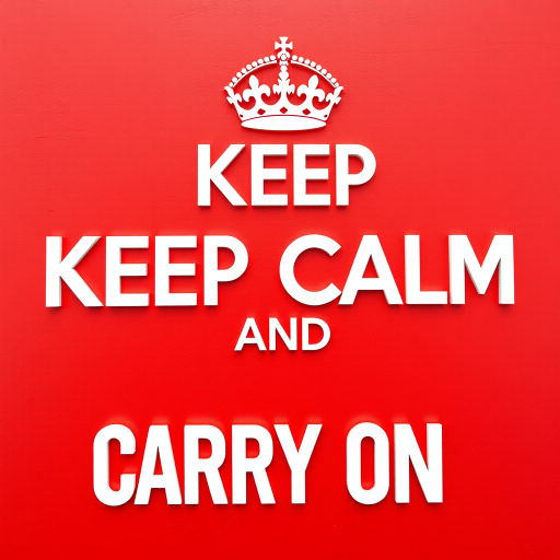 Create a vibrant wall art piece with the text KEEP CALM AND CARRY ON in bold white letters, featuring a classic crown above the text, against a textured red background, captured with a DSLR camera at f/2.8 aperture, ISO 100, 50mm lens, in a flat lay perspective to enhance depth and clarity.