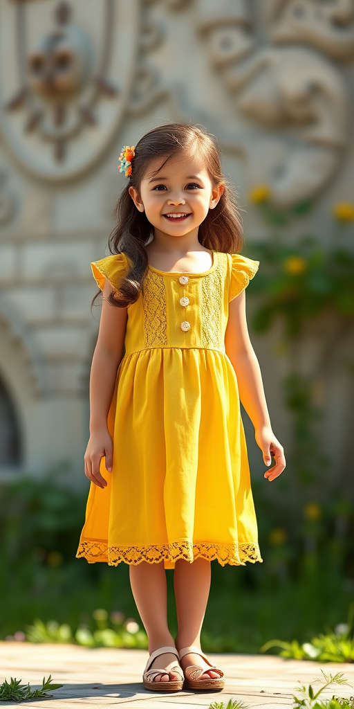 Create a lifelike 3D render of a young girl in a vintage yellow dress with lace details, standing in a cheerful pose, using a Canon EOS R5 with a 50mm f/1.2 lens, aperture set to f/1.8 for a shallow depth of field, shot in natural lighting from a slightly low angle for an engaging perspective.