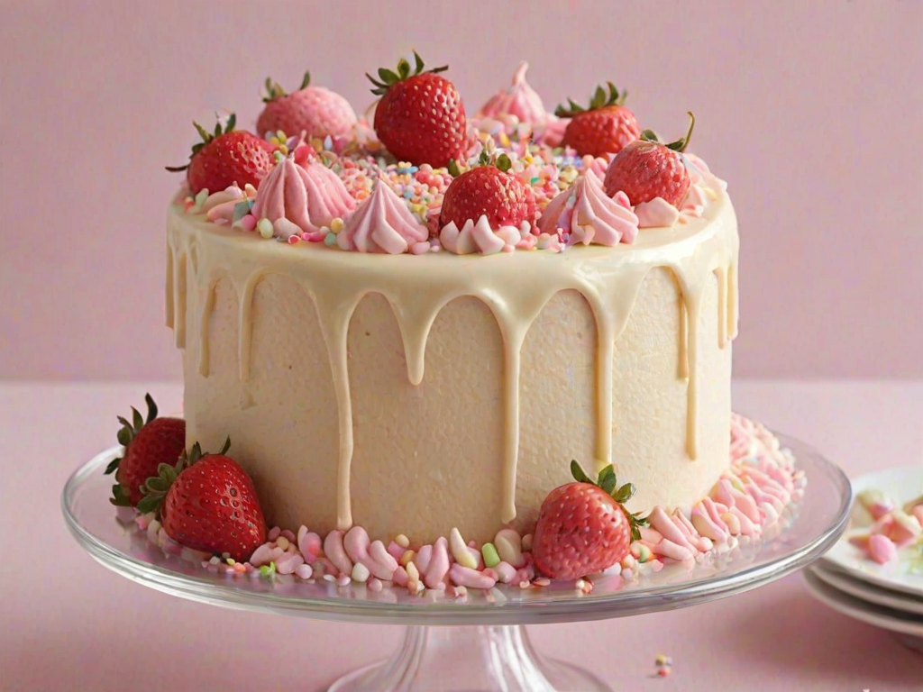 Generate an image of a round cake with a smooth white chocolate ganache coating. The cake should be decorated with pink and white chocolate-covered strawberries and whimsical pastel-colored candies on top. Include some delicate pink sprinkles for added texture, and place the cake on a clear glass cake stand. The background should be soft and light to enhance the cake's presentation.