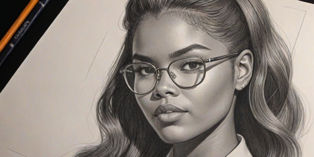 Gorgeous Ryan Destiny, pencil sketch, portrait of Charming woman 1965s in glasses, hair style beatnik, outline, clear lines, fine lines, 8k