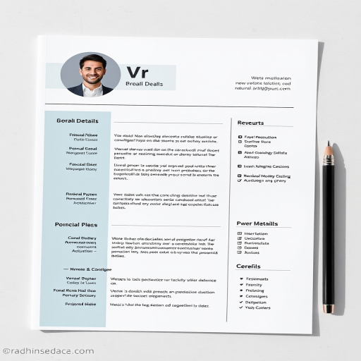 Create a professional CV document featuring a clean layout with a sidebar for personal details, use a high-resolution 300 DPI, top-down view, shot with a DSLR camera, natural lighting to enhance clarity and contrast.