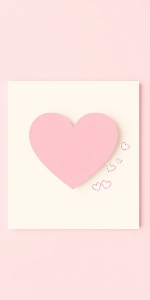 Create a soft, minimalistic illustration of a large pink heart on a cream square background with smaller white outlined hearts scattered on a pastel pink backdrop, using a Canon EOS R6 with a 50mm lens at f/2.8, ISO 100, and a shallow depth of field for a dreamy effect.